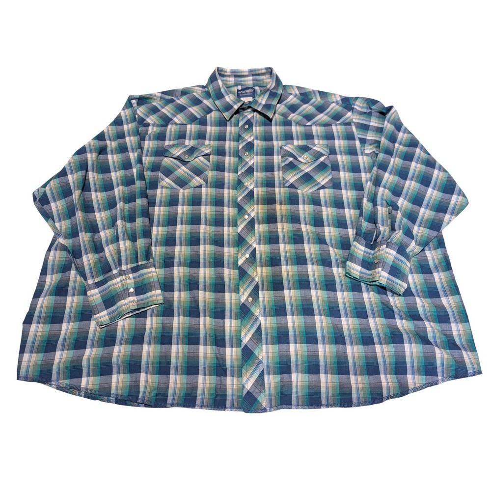 Wrangler Shirt Mens 4X Blue Green Plaid Western Pearl Snap Long Sleeve Big Tall